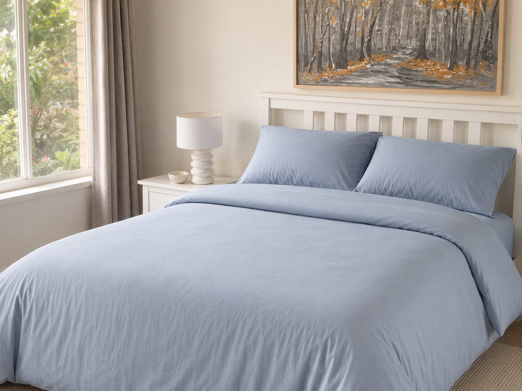 100% cotton bedding set on queen bed — quilt cover, fitted sheet and pillowcases