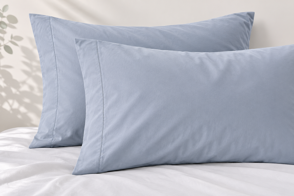Two light blue pillows on a bed with a neutral background