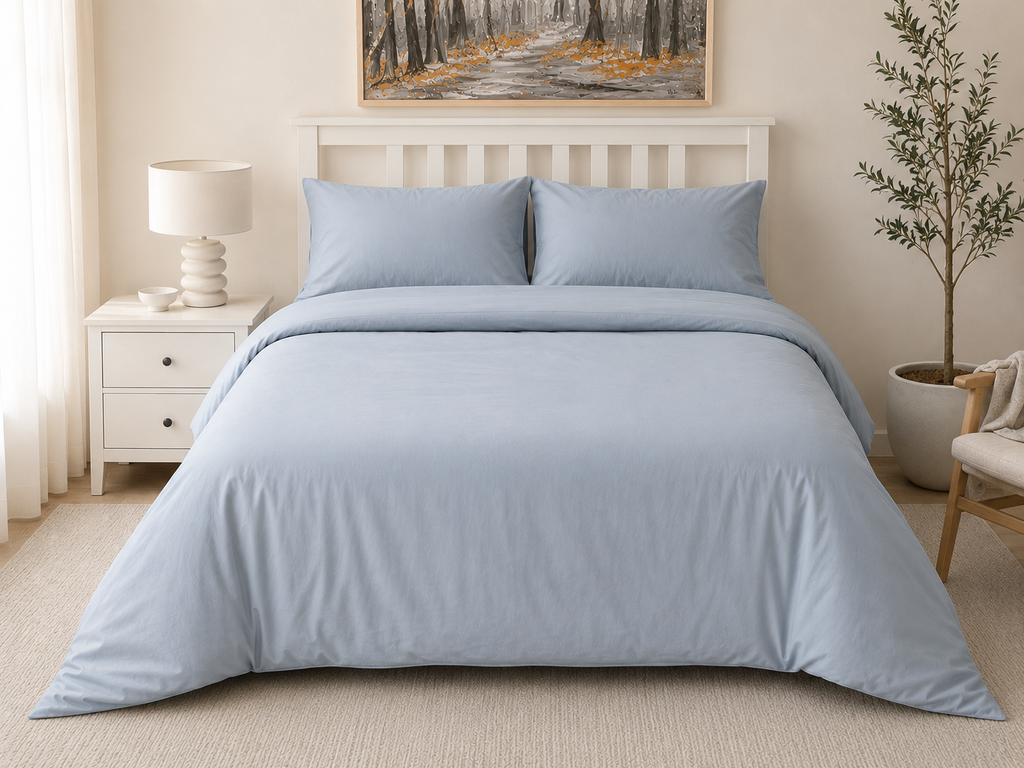 100% cotton bedding set on queen bed — quilt cover, fitted sheet and pillowcases
