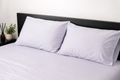 Two white pillows on a bed with a black headboard and minimal decor.