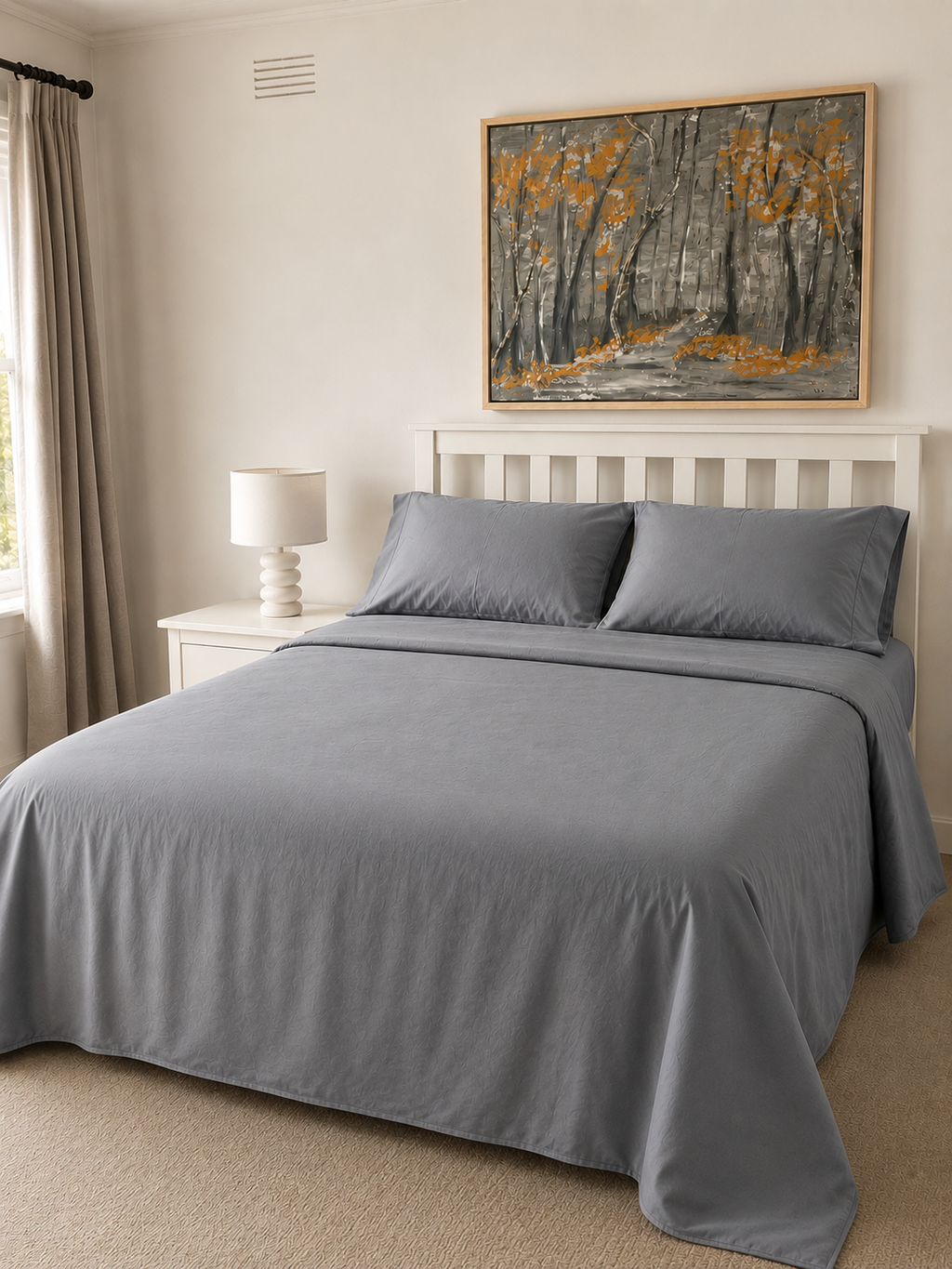 100% cotton bedding set on queen bed — quilt cover, fitted sheet and pillowcases