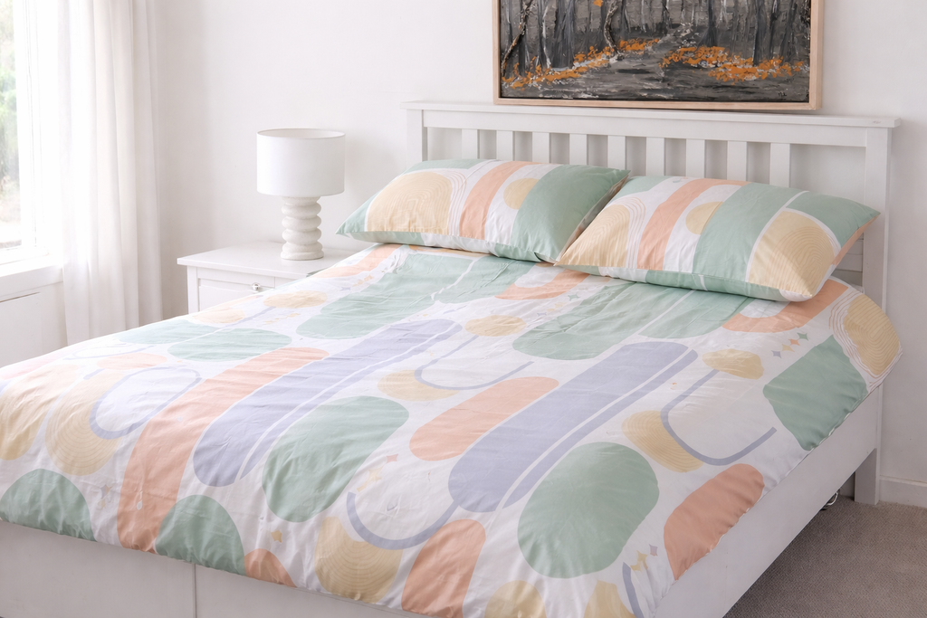 100% cotton bedding set on queen bed — quilt cover, fitted sheet and pillowcases