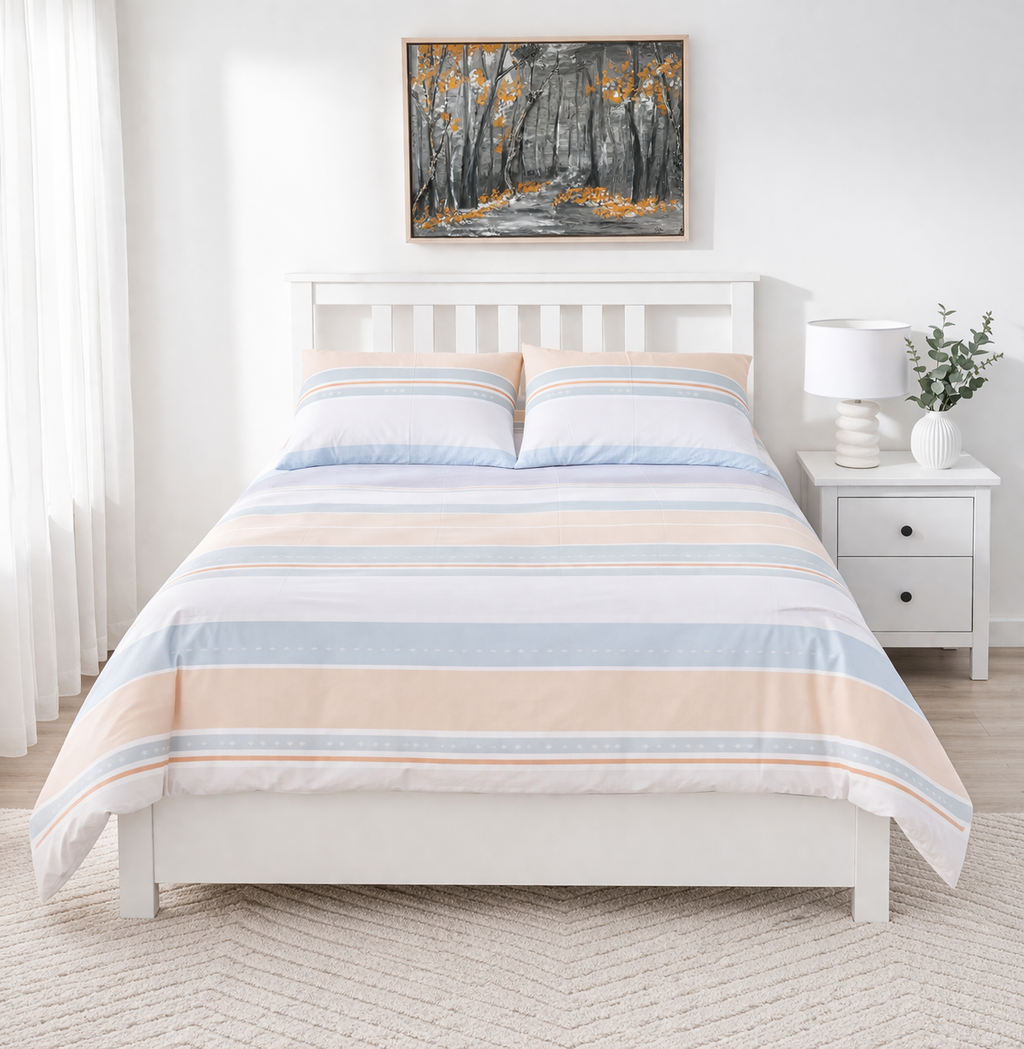 100% cotton bedding set on queen bed -quilt cover, fitted sheet and pillowcases
