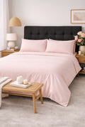 100% cotton bedding set on queen bed — quilt cover, fitted sheet and pillowcases