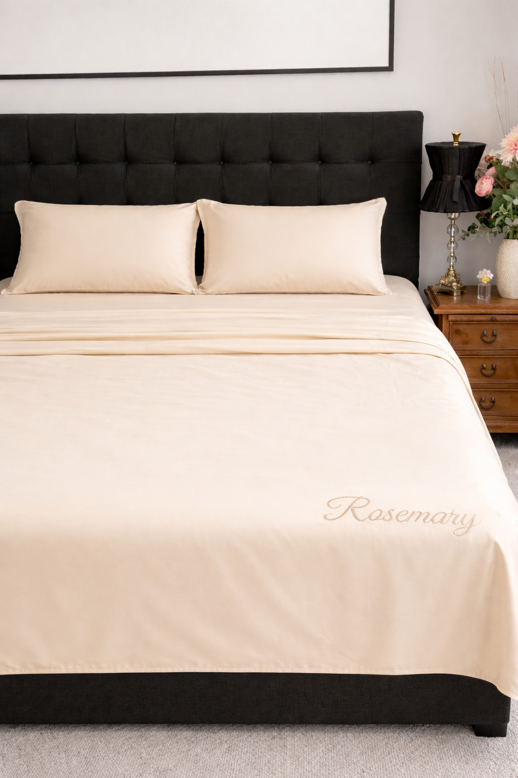 100% cotton bedding set on queen bed — quilt cover, fitted sheet and pillowcases